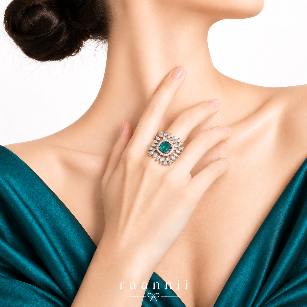 Raannii Ring - Teal Green Crystal Floral Statement Ring for Women