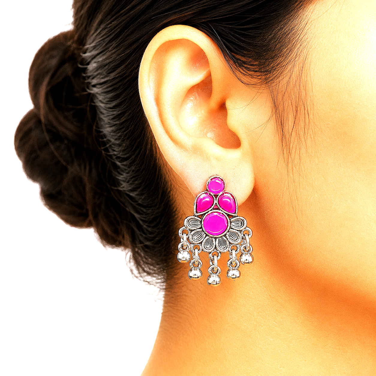 Raannii Earrings - Pink Stone Oxidised Drop Earrings for Women