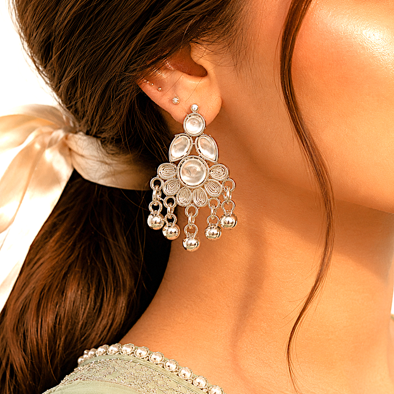 Raannii Earrings - Silver-Tone White Stone Oxidised Dangler Earrings for Women