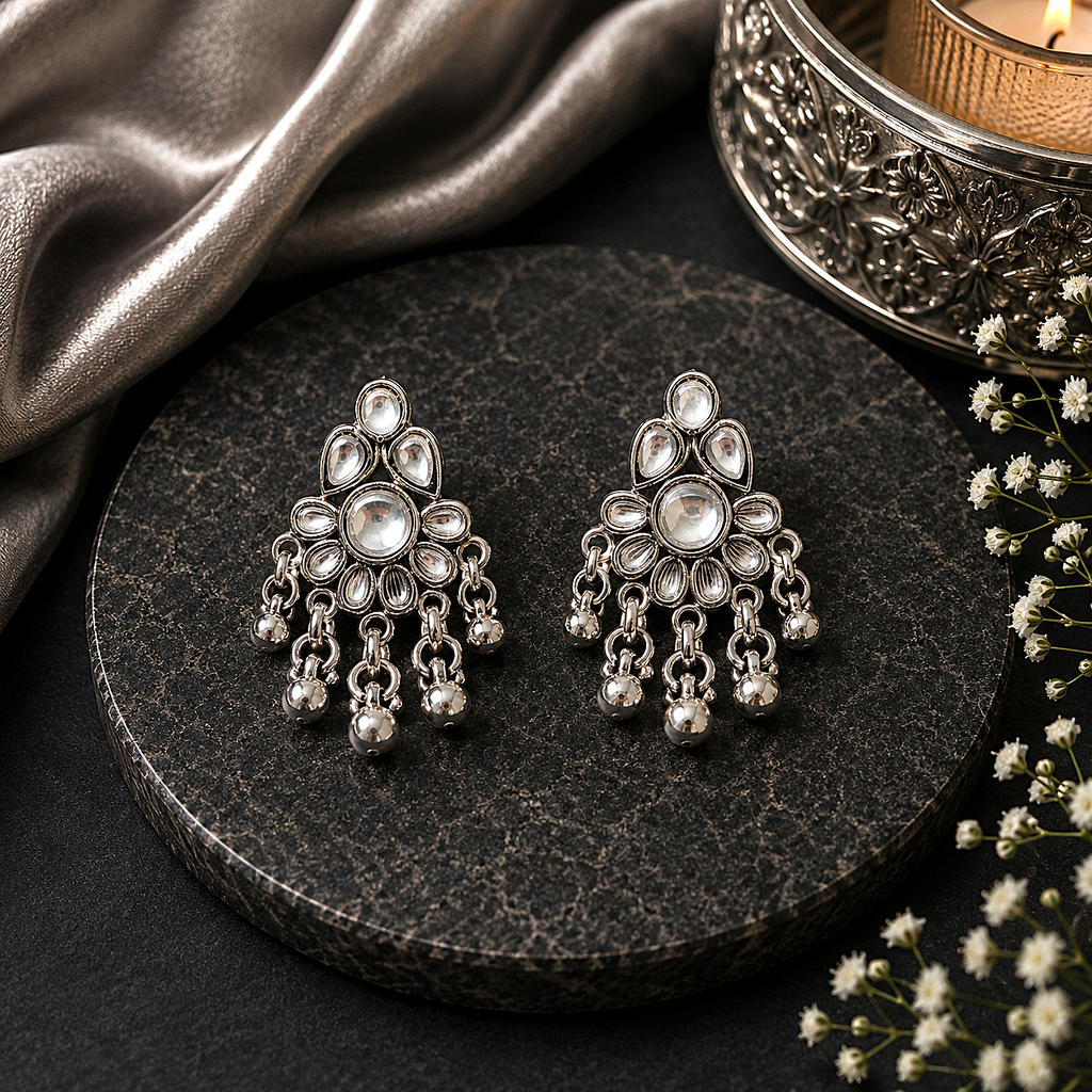 Raannii Earrings - Silver-Tone White Stone Oxidised Dangler Earrings for Women