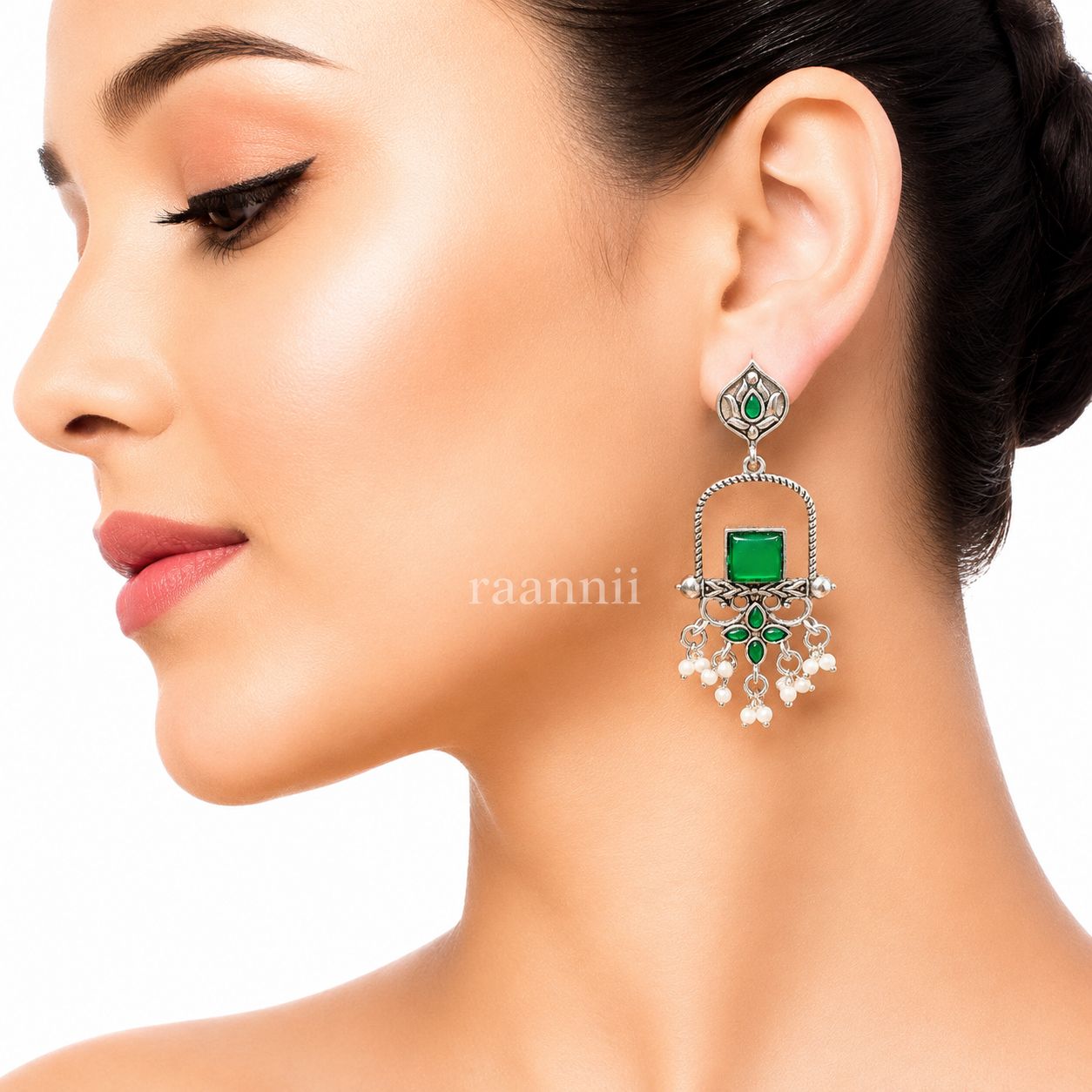 Raannii Earrings – Oxidised Green Stone Traditional Ethnic Dangler Earrings with Pearl Drops