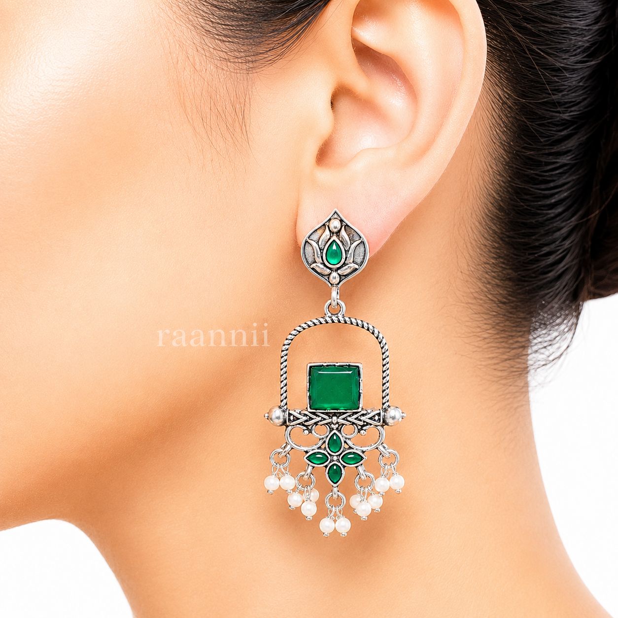 Raannii Earrings – Oxidised Green Stone Traditional Ethnic Dangler Earrings with Pearl Drops