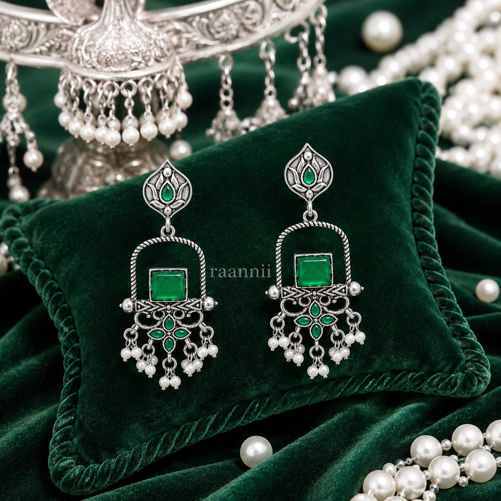Raannii Earrings – Oxidised Green Stone Traditional Ethnic Dangler Earrings with Pearl Drops