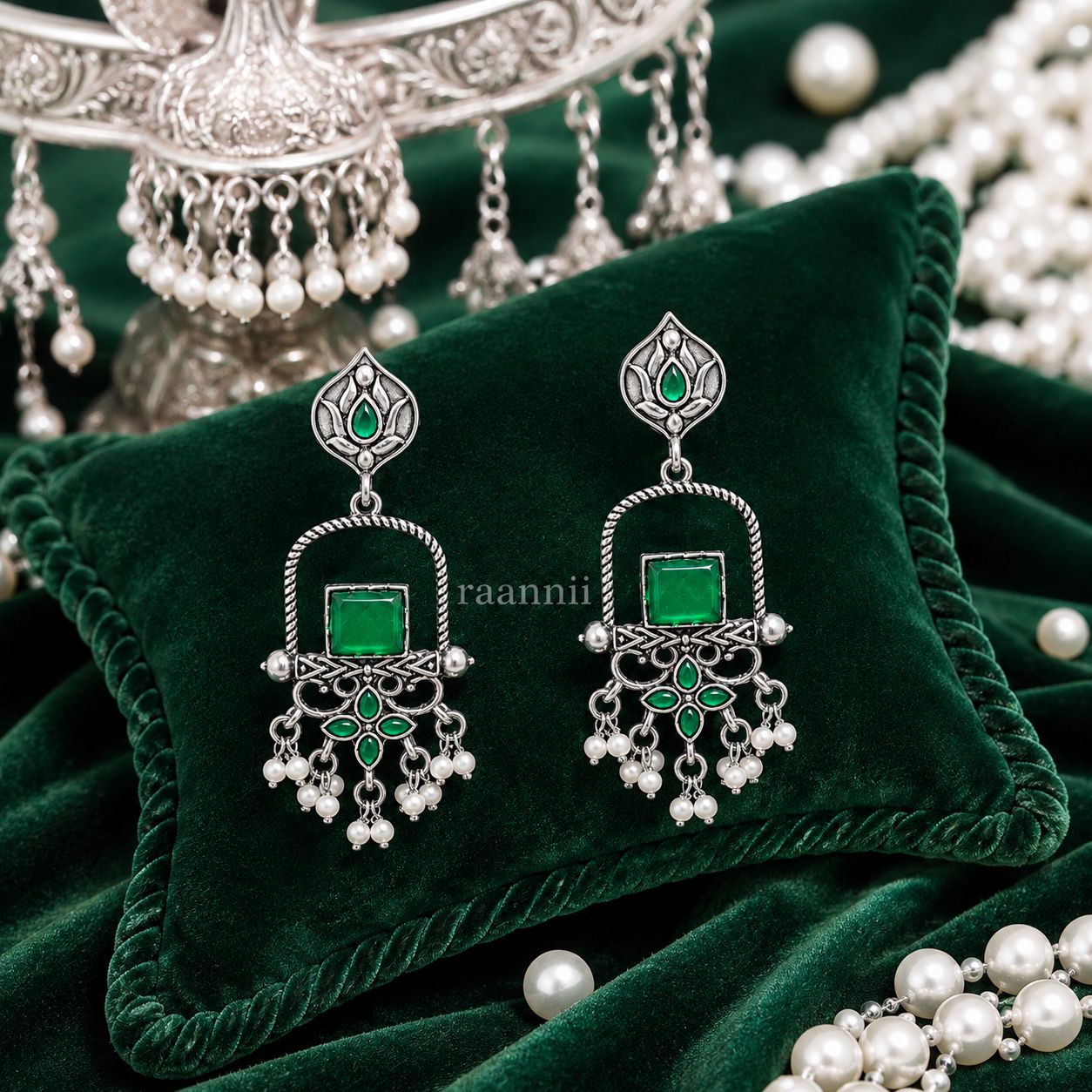 Raannii Earrings – Oxidised Green Stone Traditional Ethnic Dangler Earrings with Pearl Drops