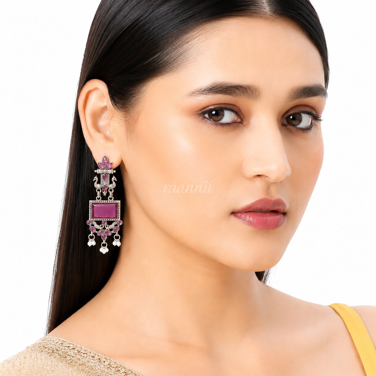 Raannii Pink Stone Oxidised Earrings | Ethnic Dangler for Women