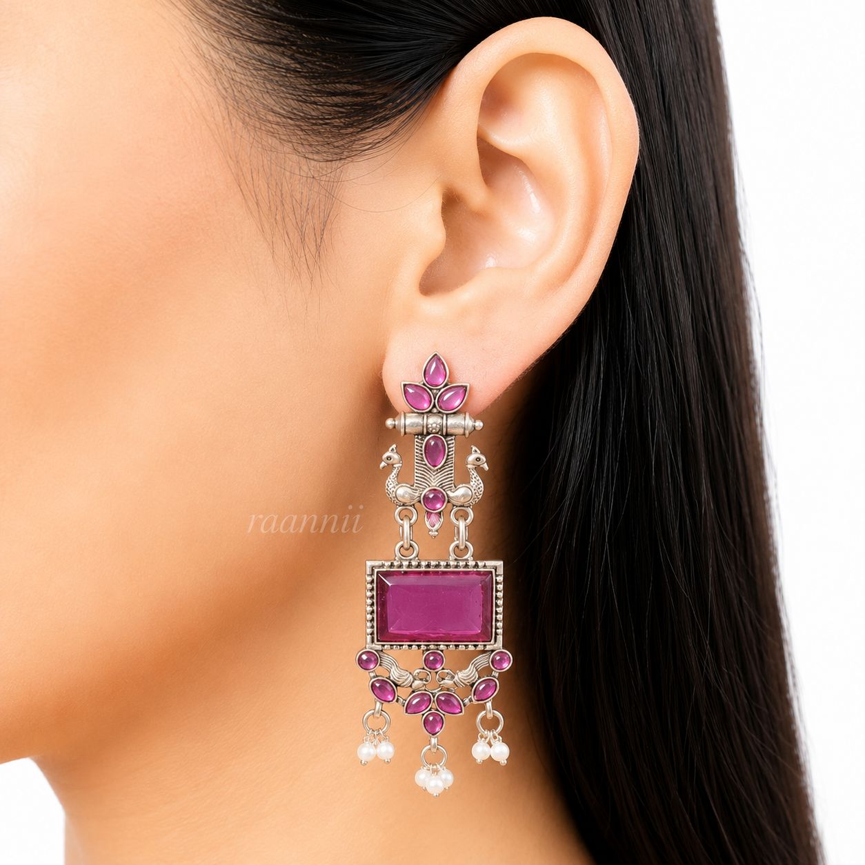 Raannii Pink Stone Oxidised Earrings | Ethnic Dangler for Women