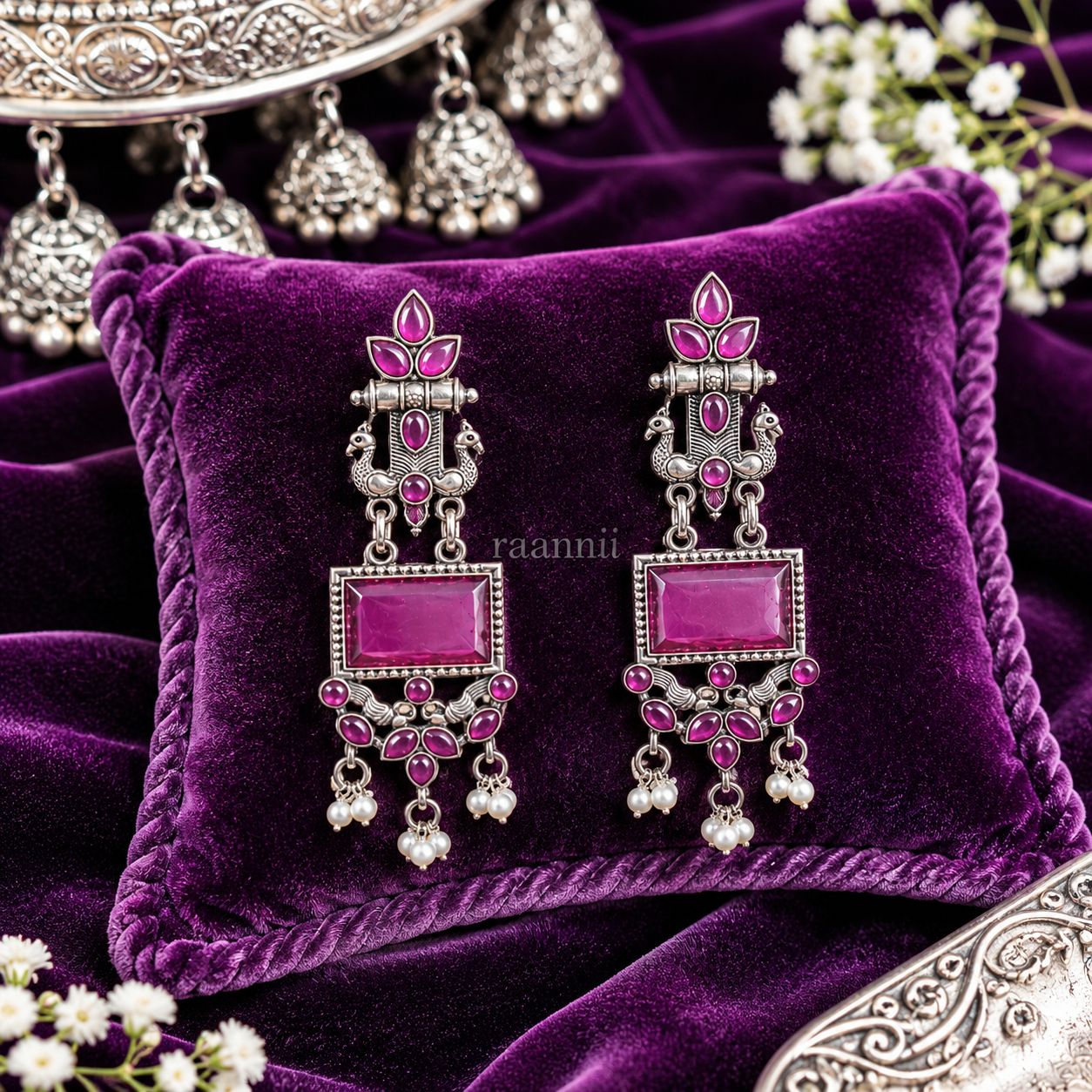 Raannii Pink Stone Oxidised Earrings | Ethnic Dangler for Women