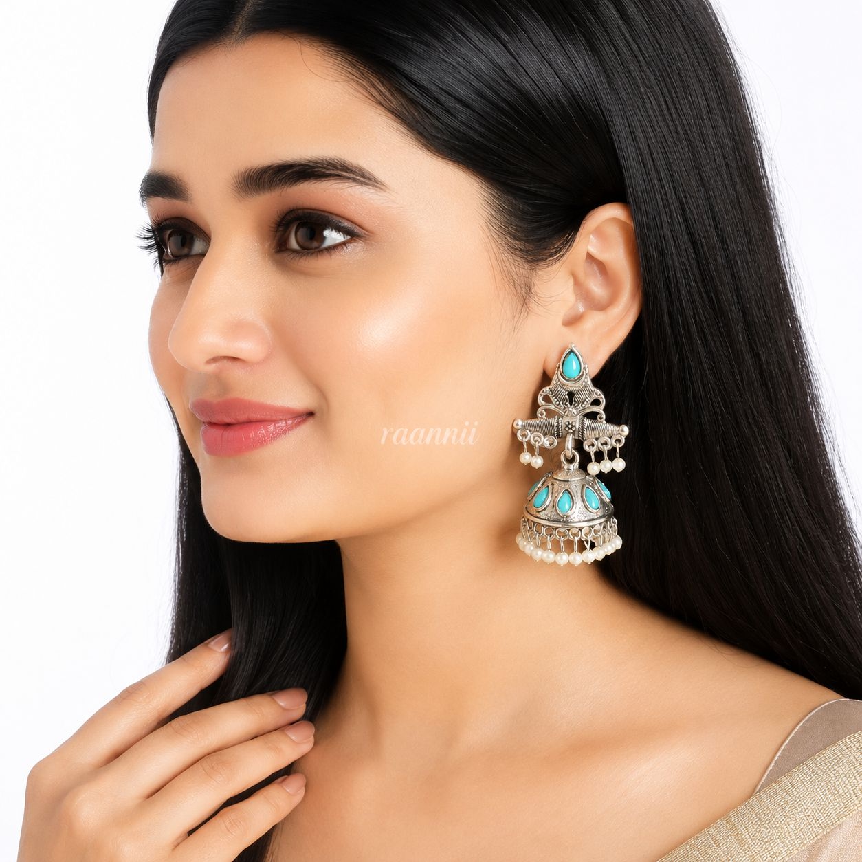 Raannii Earrings Oxidised Jhumka Pearl Drop Earrings – Turquoise Blue