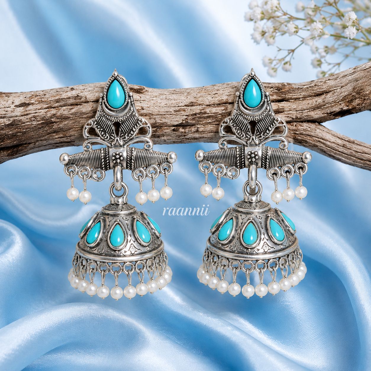 Raannii Earrings Oxidised Jhumka Pearl Drop Earrings – Turquoise Blue