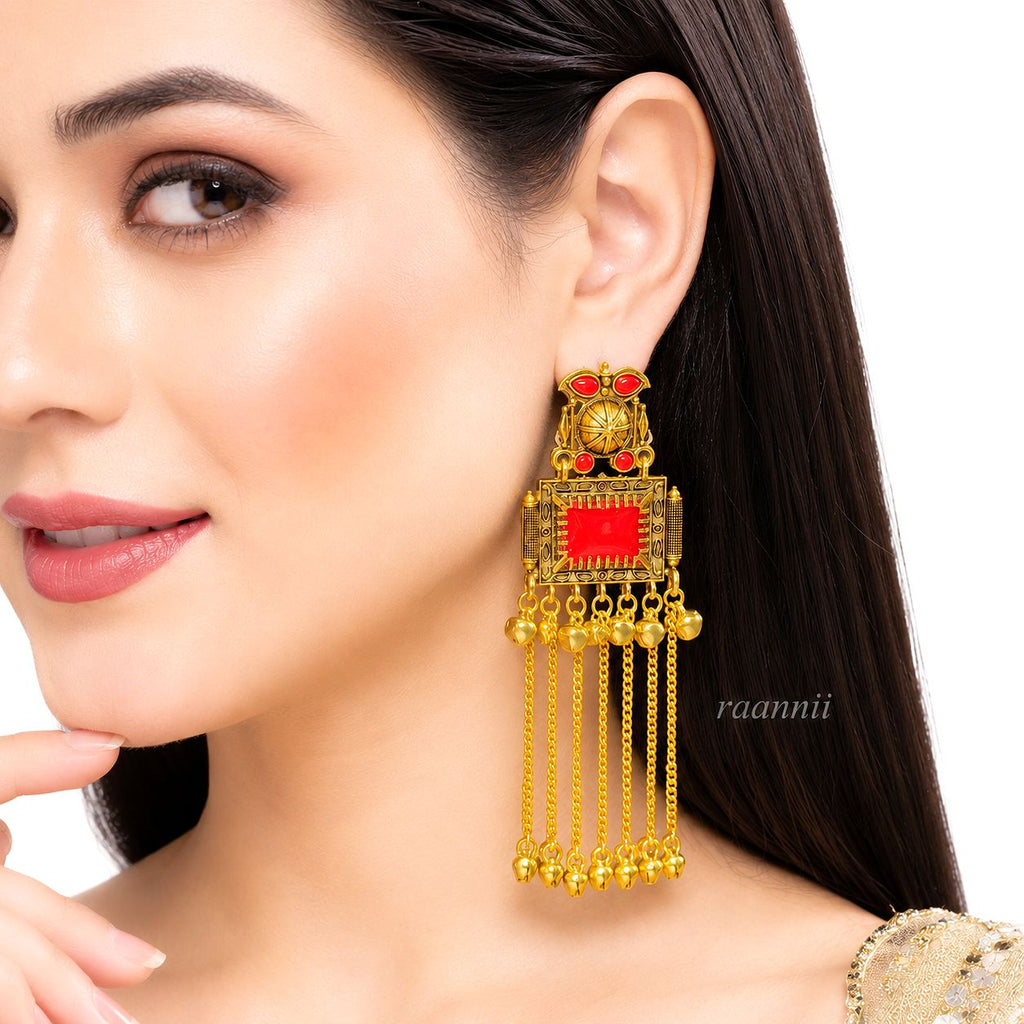 Raannii Earrings – Gold Plated Red Stone Traditional Dangler Earrings with Chain Tassels