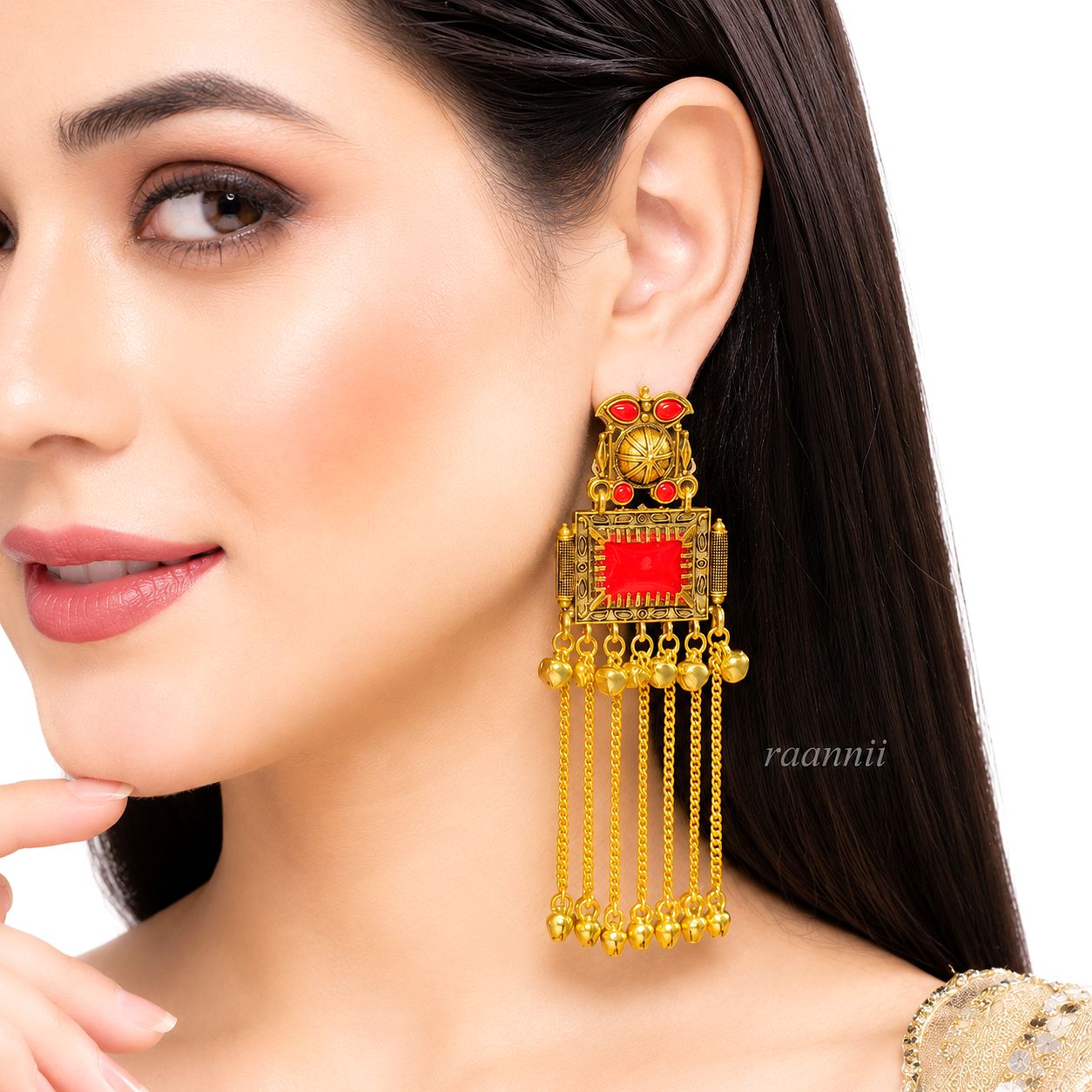 Raannii Earrings – Gold Plated Red Stone Traditional Dangler Earrings with Chain Tassels