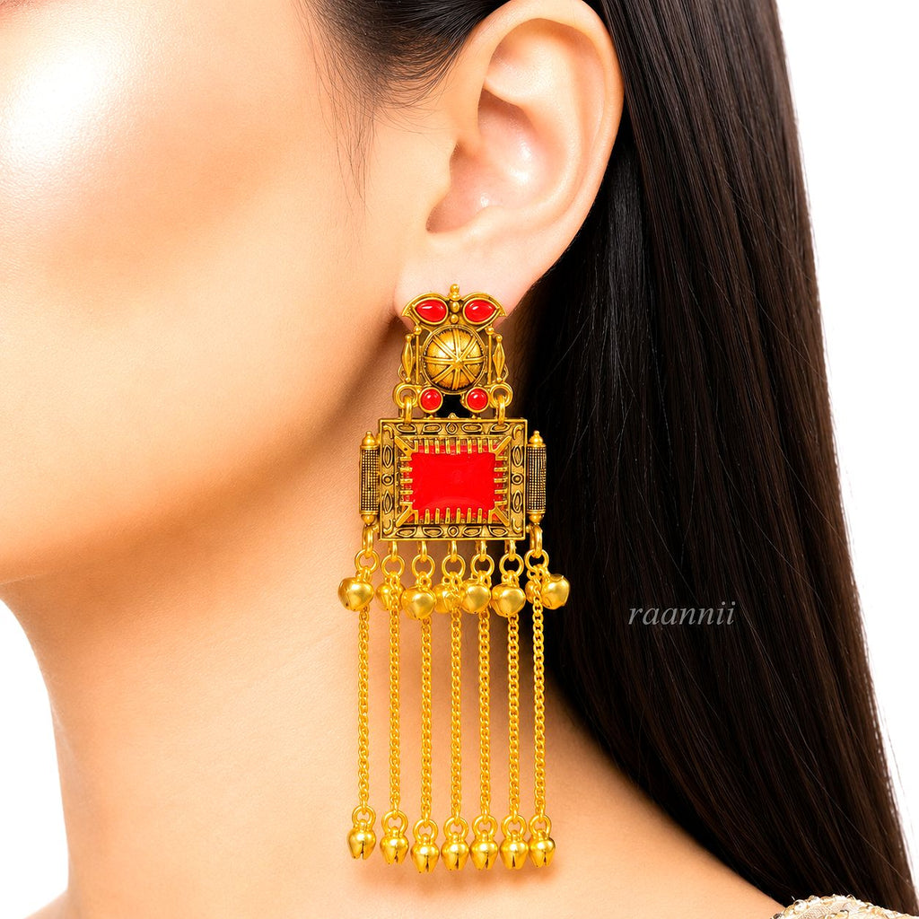 Raannii Earrings – Gold Plated Red Stone Traditional Dangler Earrings with Chain Tassels