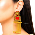 Raannii Earrings – Gold Plated Red Stone Traditional Dangler Earrings with Chain Tassels