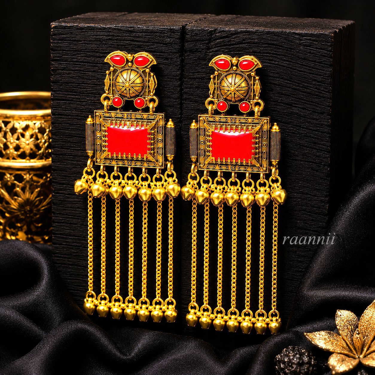 Raannii Earrings – Gold Plated Red Stone Traditional Dangler Earrings with Chain Tassels