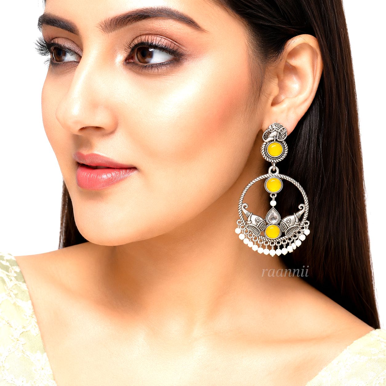 Raannii Earrings – Oxidised Yellow Stone Round Ethnic Dangler Earrings with Pearl Drops