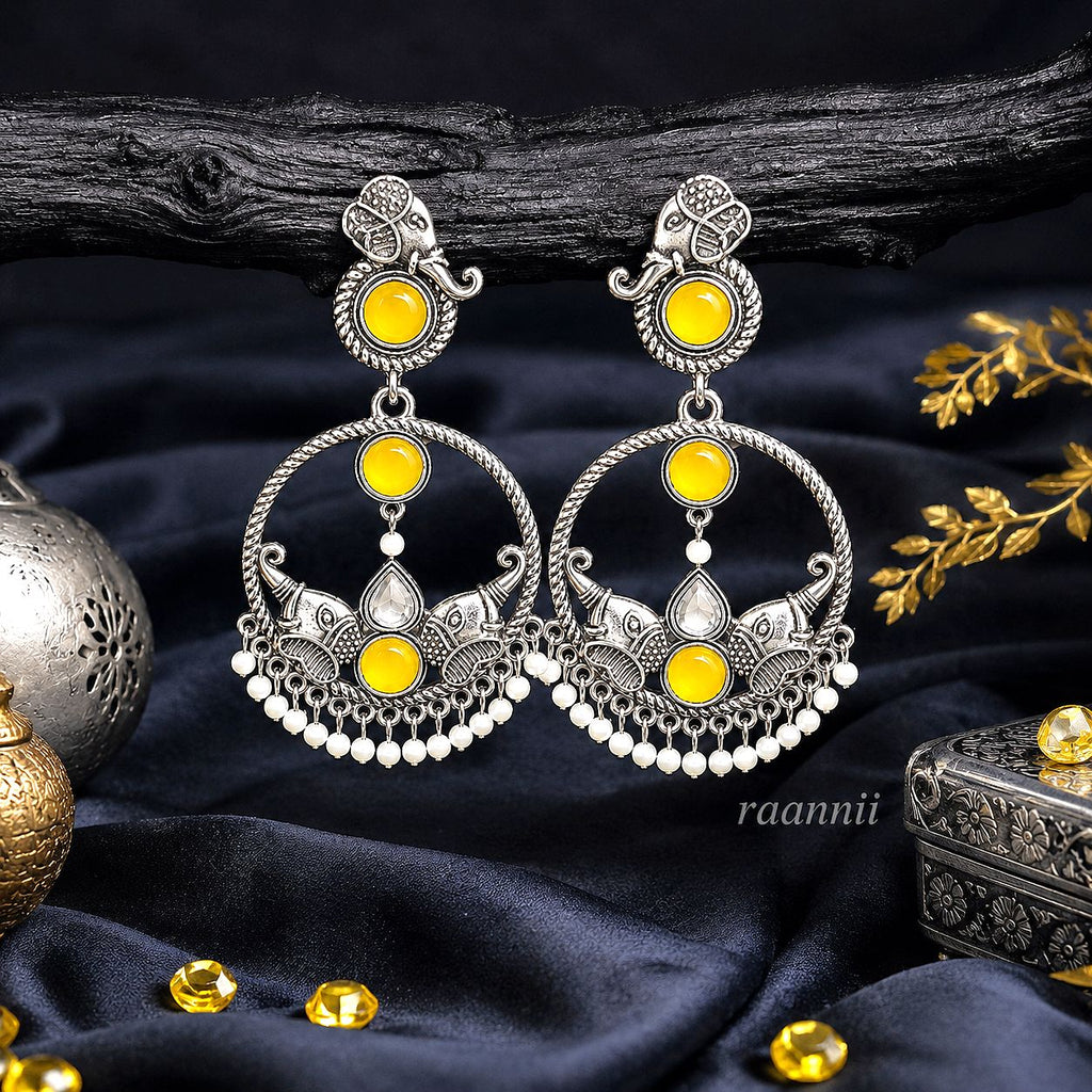 Raannii Earrings – Oxidised Yellow Stone Round Ethnic Dangler Earrings with Pearl Drops