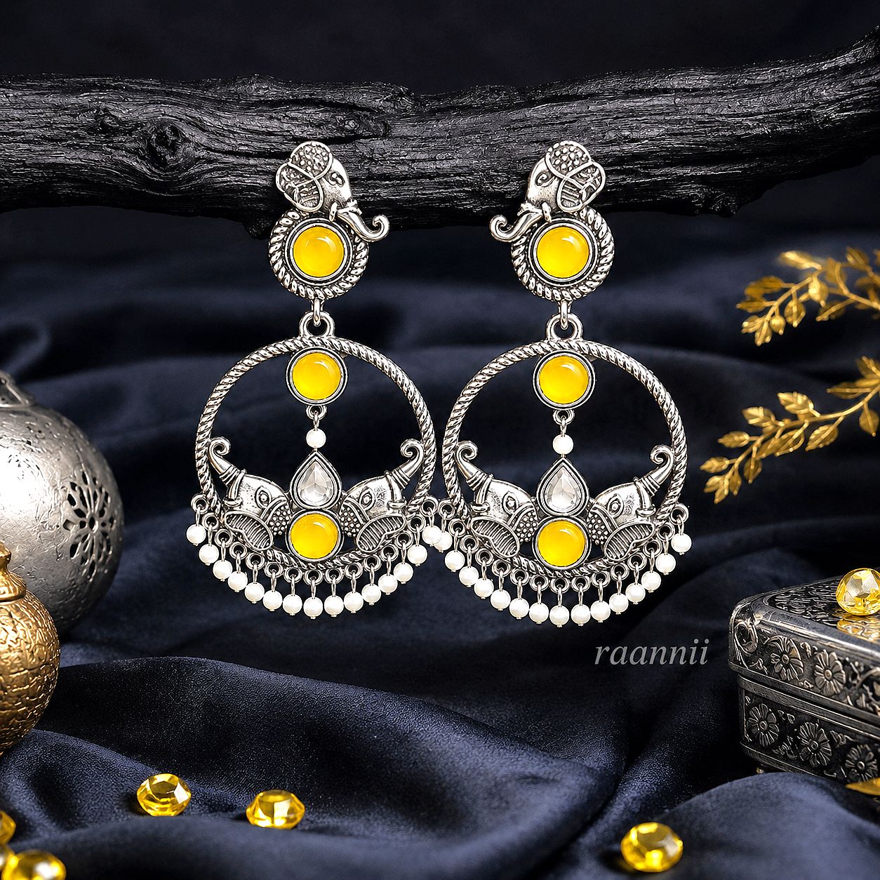 Raannii Earrings – Oxidised Yellow Stone Round Ethnic Dangler Earrings with Pearl Drops