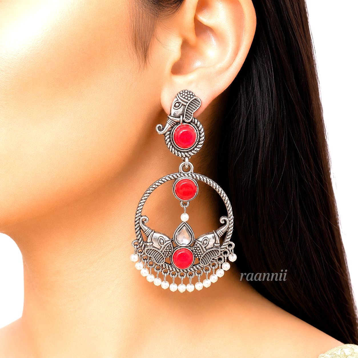 Raannii Earrings – Oxidised Yellow Stone Round Ethnic Dangler Earrings with Pearl Drops