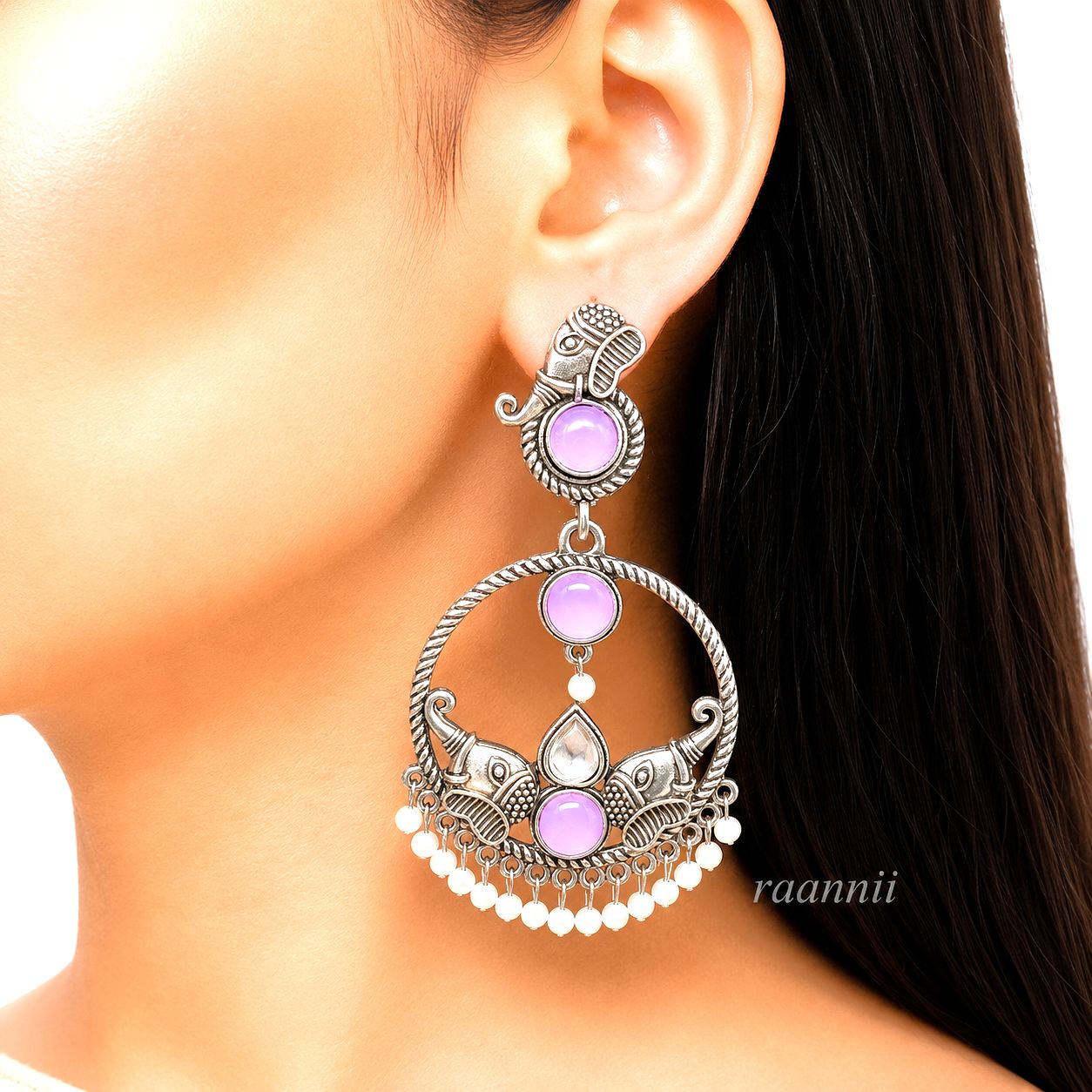 Raannii Earrings – Oxidised Yellow Stone Round Ethnic Dangler Earrings with Pearl Drops