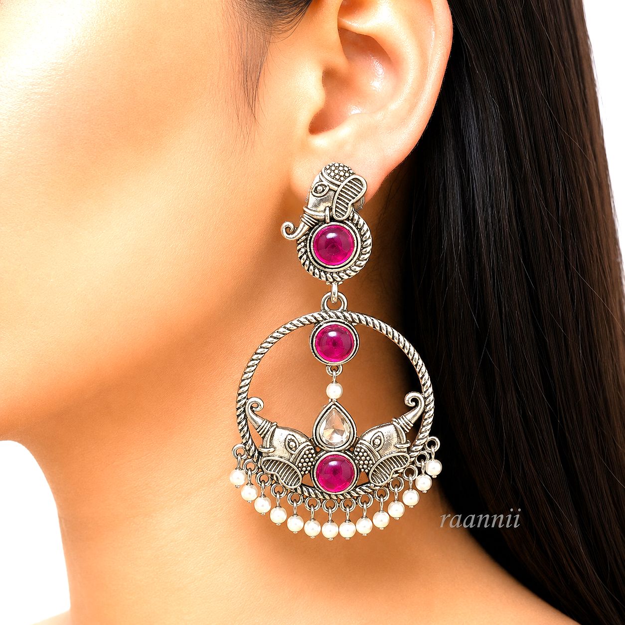 Raannii Earrings – Oxidised Yellow Stone Round Ethnic Dangler Earrings with Pearl Drops