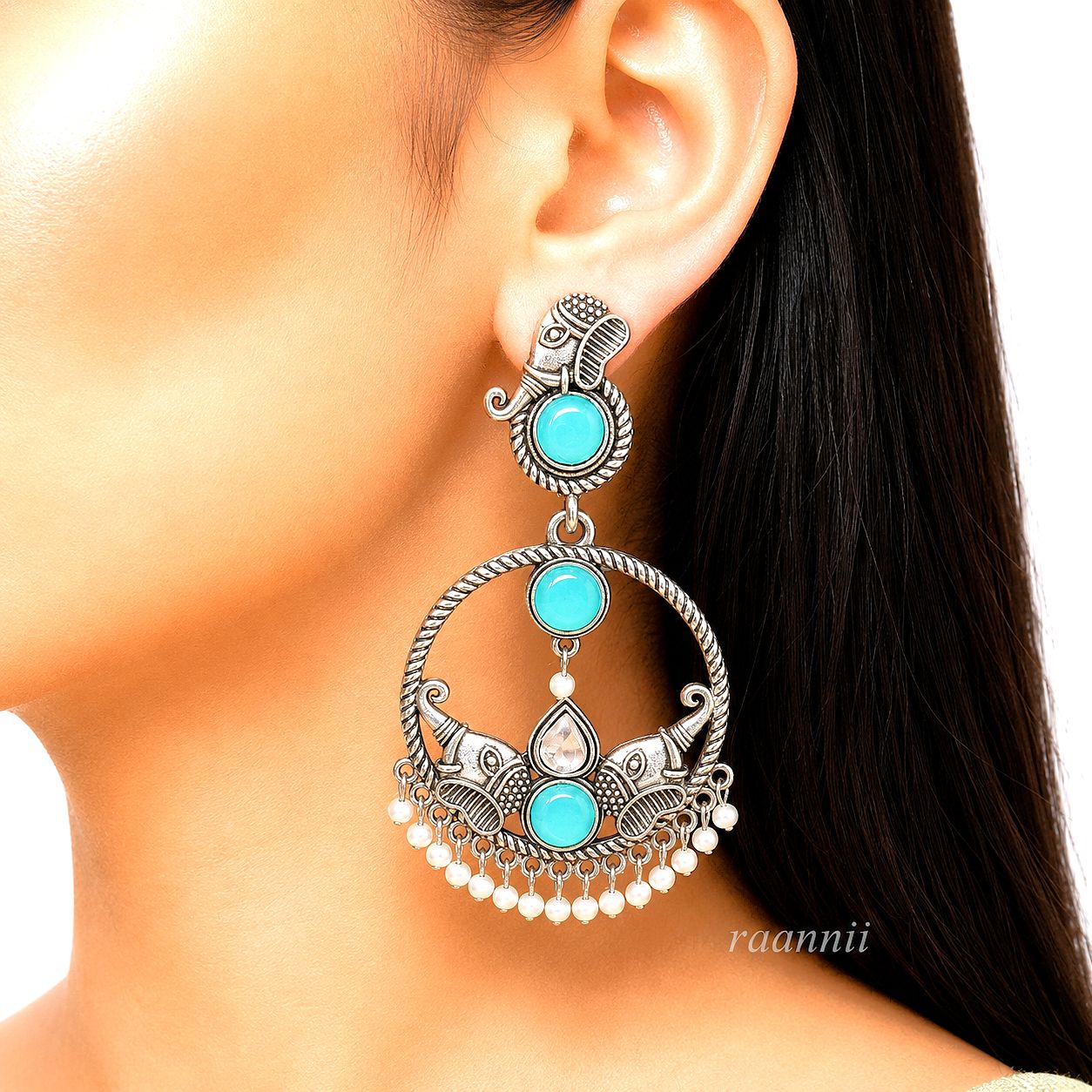 Raannii Earrings – Oxidised Yellow Stone Round Ethnic Dangler Earrings with Pearl Drops