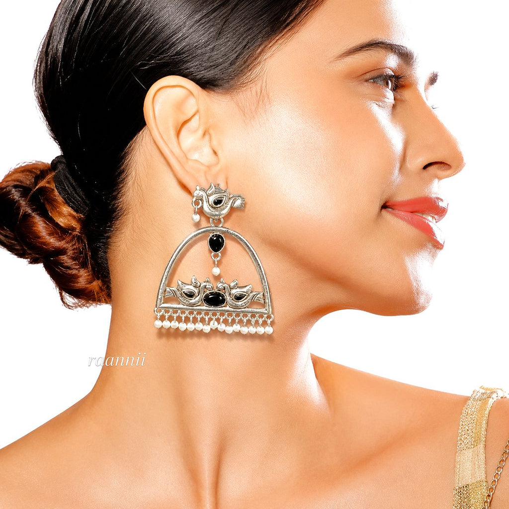 Raannii Earrings – Oxidised Peacock Design Ethnic Dangler Earrings with Pearl Drops