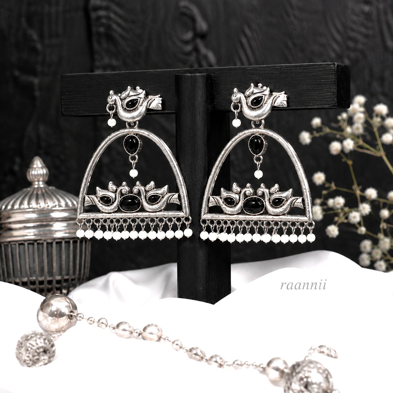 Raannii Earrings – Oxidised Peacock Design Ethnic Dangler Earrings with Pearl Drops