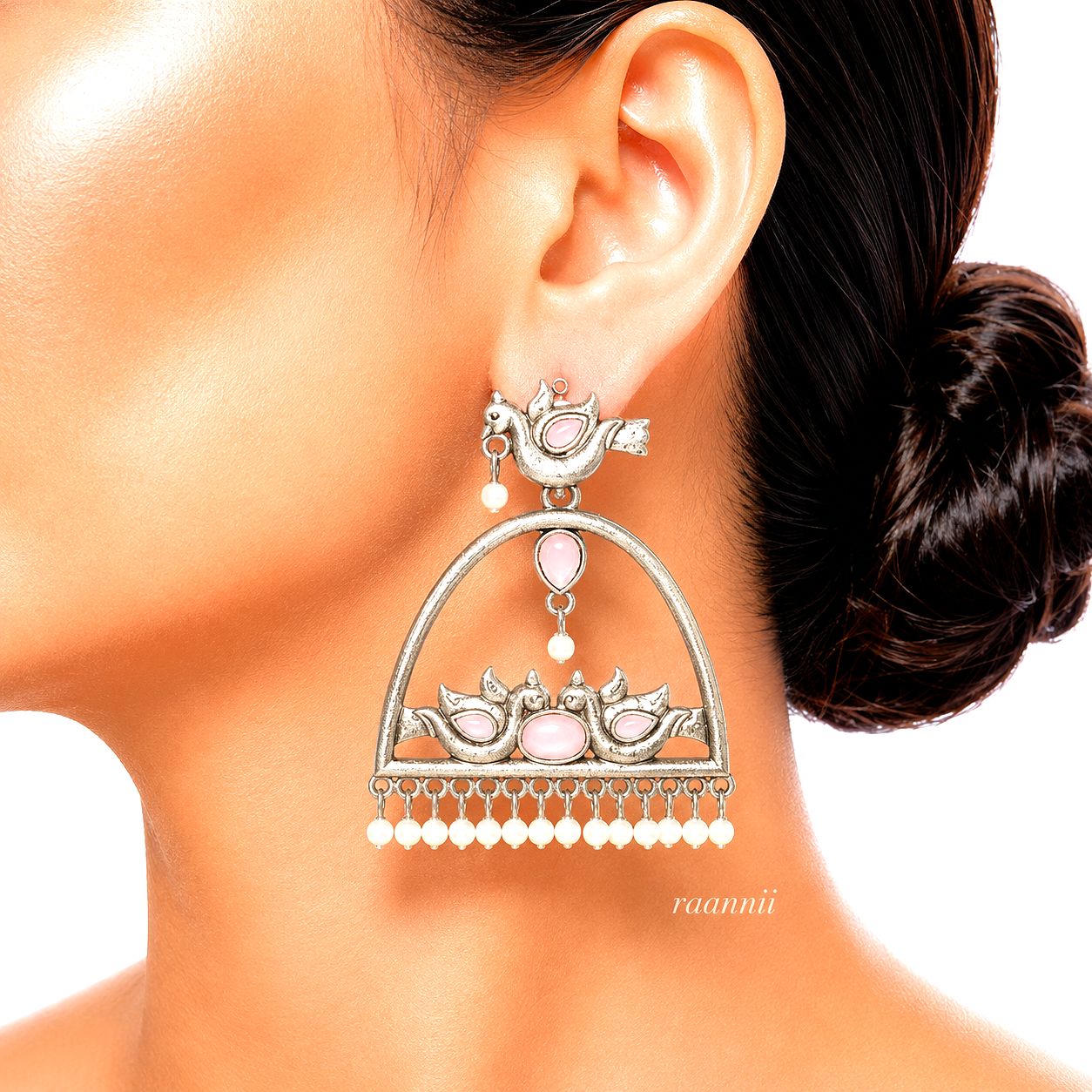 Raannii Earrings – Oxidised Peacock Design Ethnic Dangler Earrings with Pearl Drops