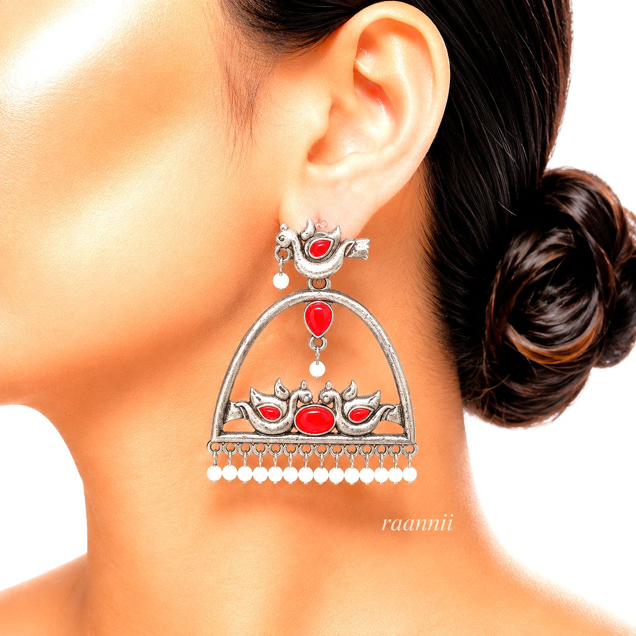 Raannii Earrings – Oxidised Peacock Design Ethnic Dangler Earrings with Pearl Drops
