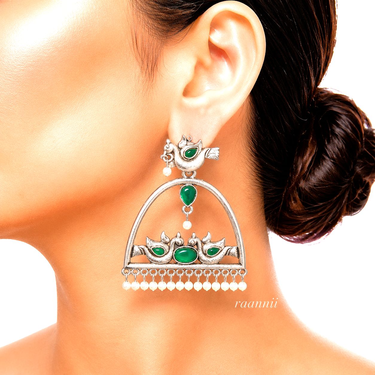 Raannii Earrings – Oxidised Peacock Design Ethnic Dangler Earrings with Pearl Drops
