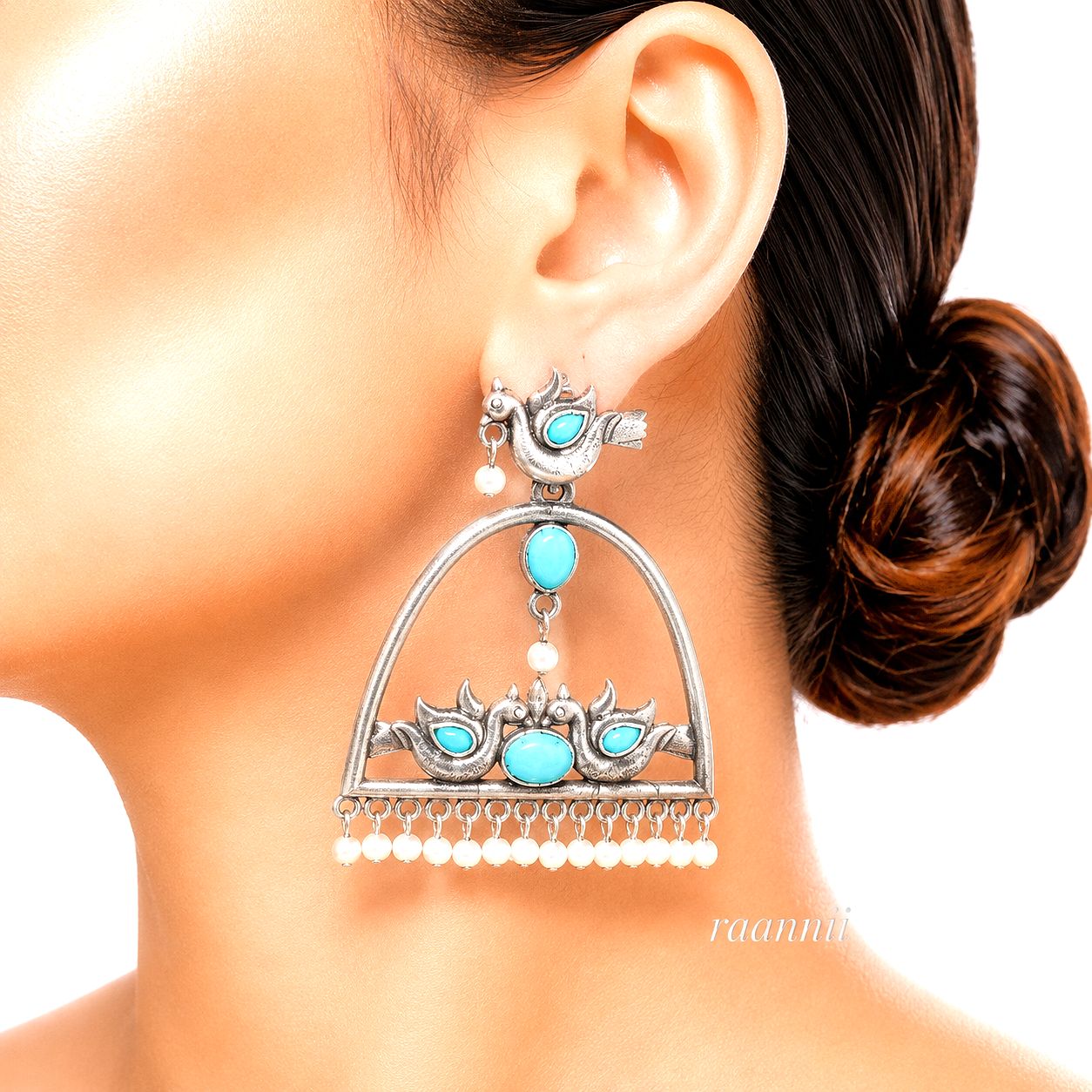 Raannii Earrings – Oxidised Peacock Design Ethnic Dangler Earrings with Pearl Drops