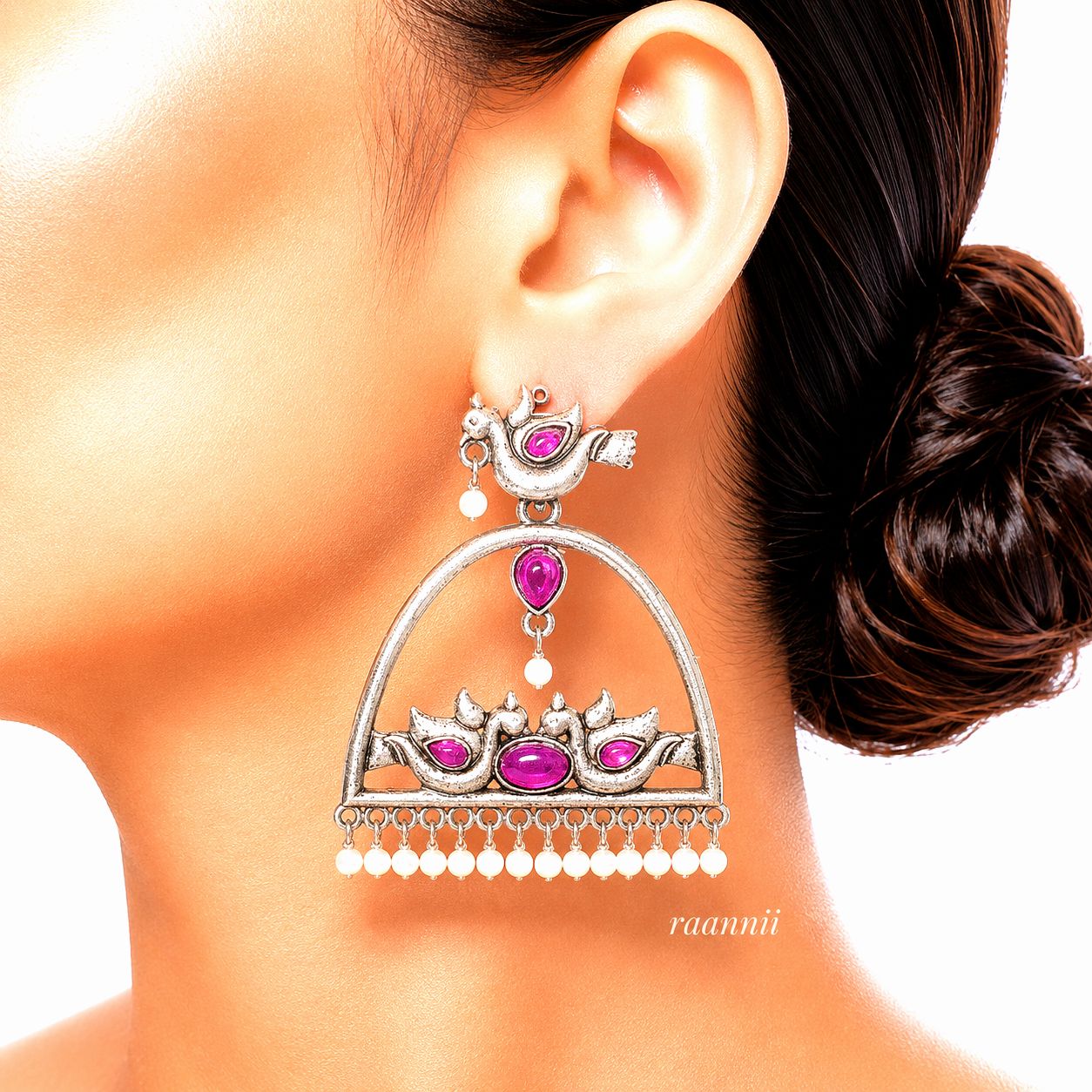 Raannii Earrings – Oxidised Peacock Design Ethnic Dangler Earrings with Pearl Drops