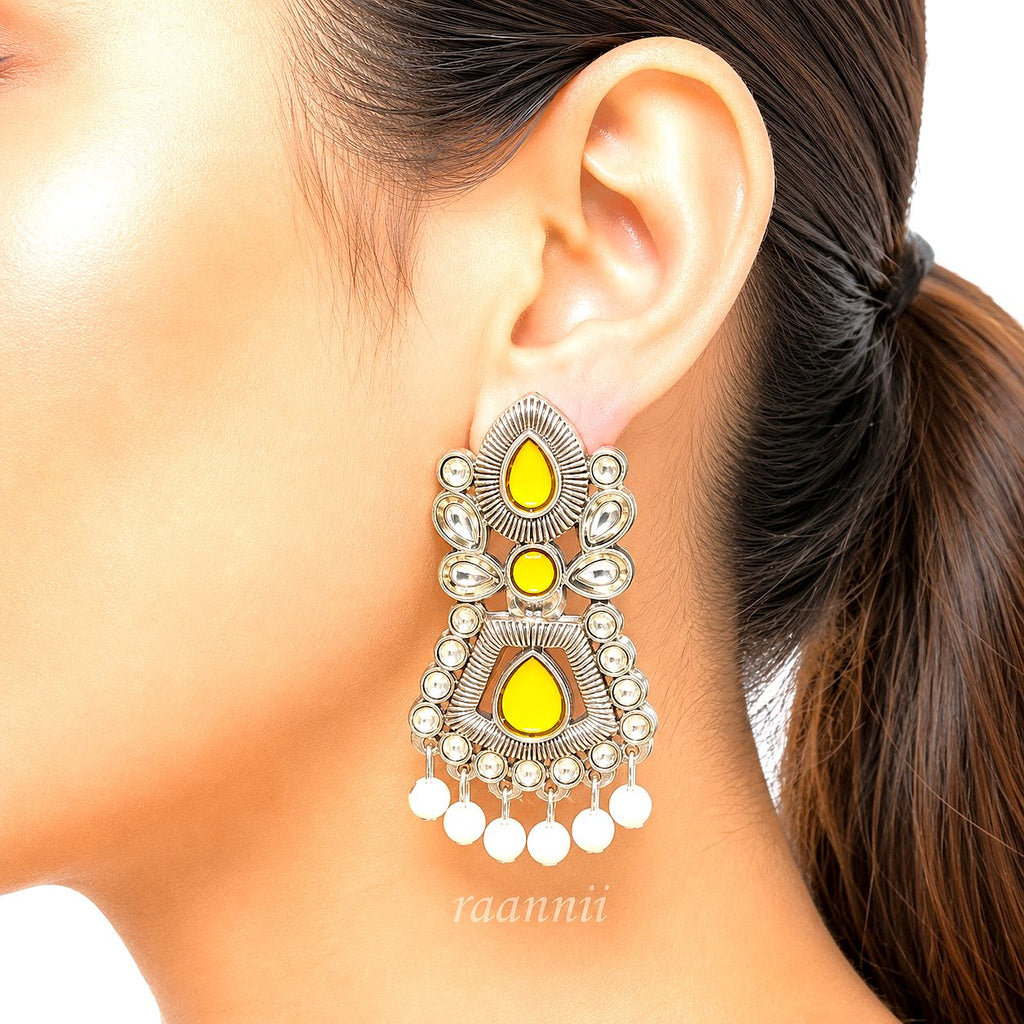 Raannii Earrings – Oxidised Yellow Stone Designer Ethnic Dangler Earrings with Pearl Drops