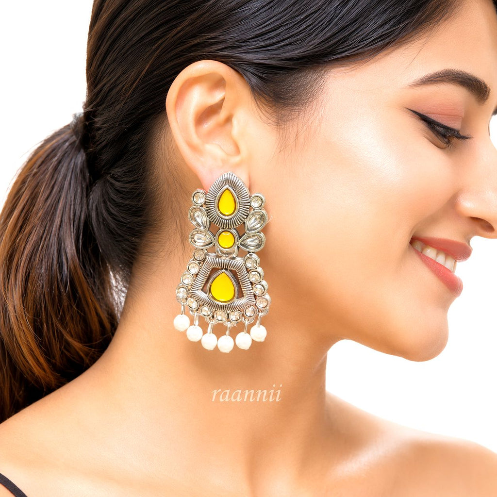Raannii Earrings – Oxidised Yellow Stone Designer Ethnic Dangler Earrings with Pearl Drops