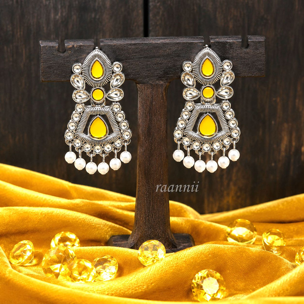 Raannii Earrings – Oxidised Yellow Stone Designer Ethnic Dangler Earrings with Pearl Drops