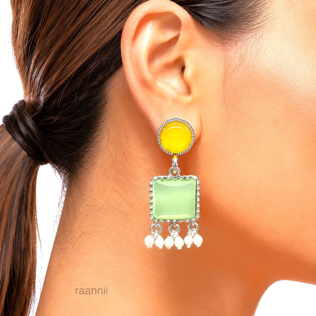 Raannii Earrings – Yellow & Green Stone Minimal Ethnic Dangler Earrings with Pearl Drops