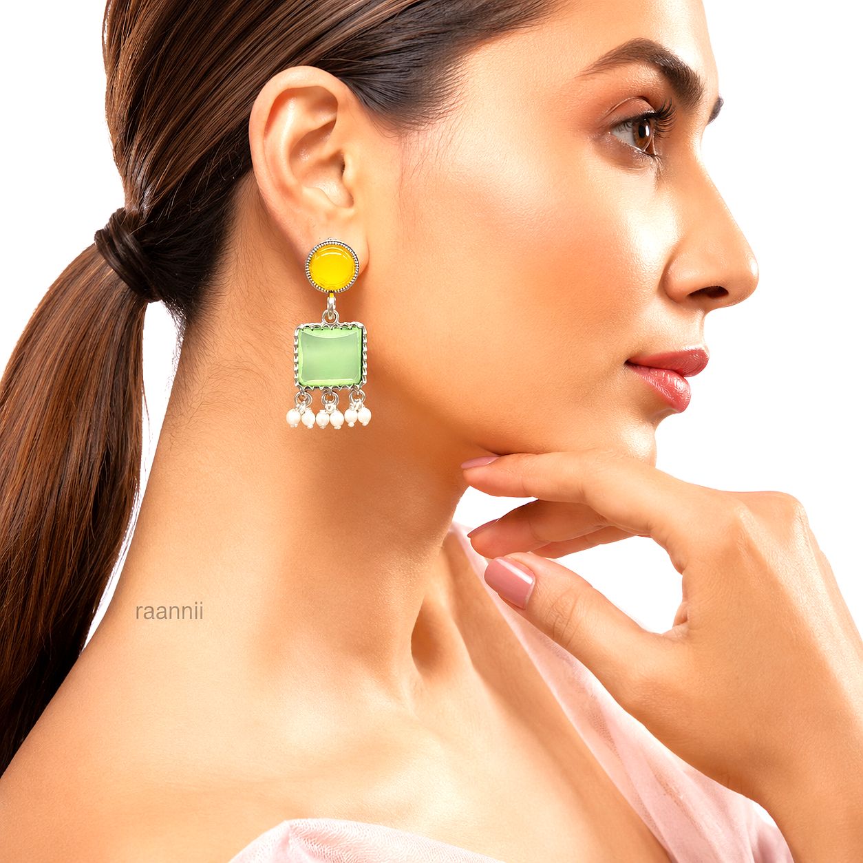 Raannii Earrings – Yellow & Green Stone Minimal Ethnic Dangler Earrings with Pearl Drops