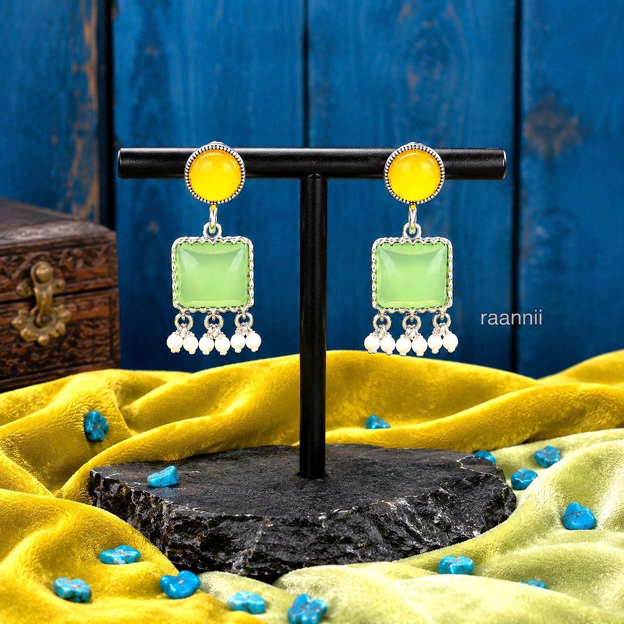 Raannii Earrings – Yellow & Green Stone Minimal Ethnic Dangler Earrings with Pearl Drops