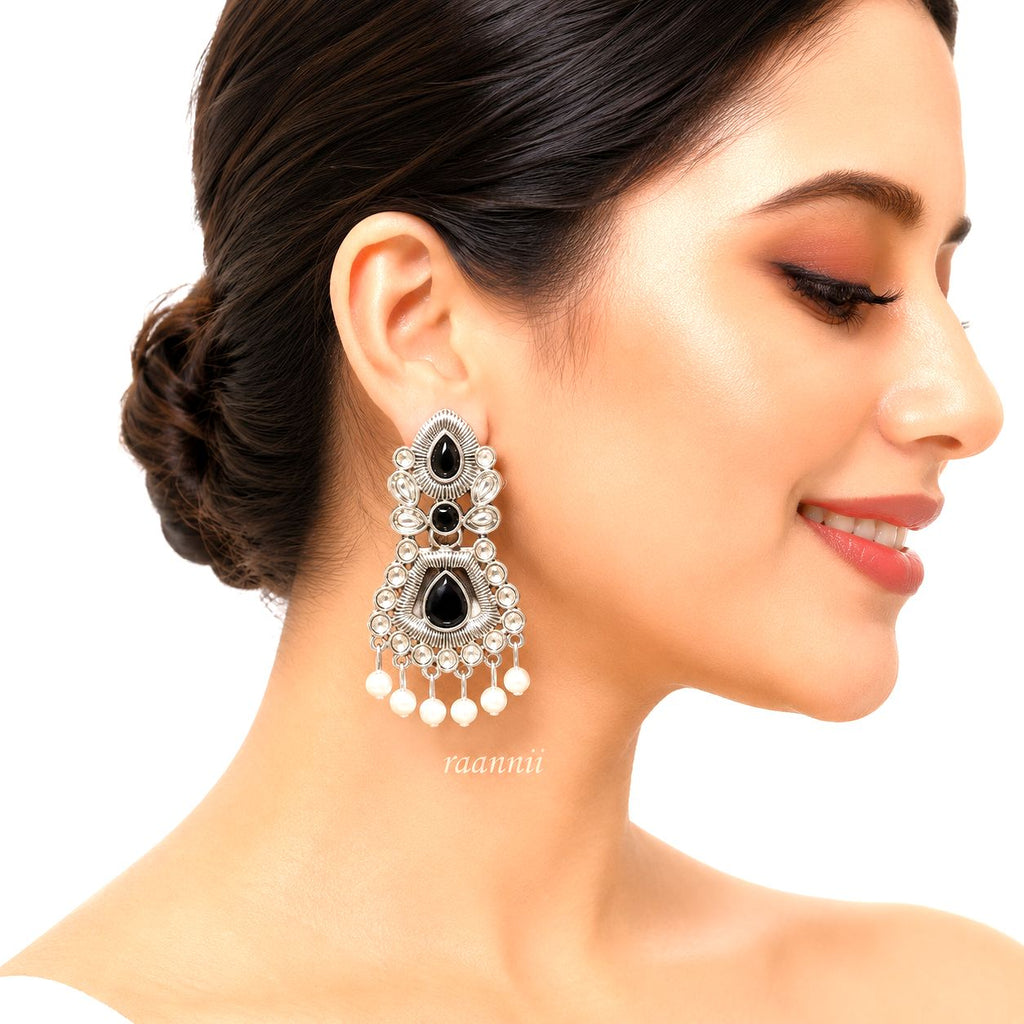 Raannii Earrings Black Stone Pearl Drop Oxidised Earrings for Women