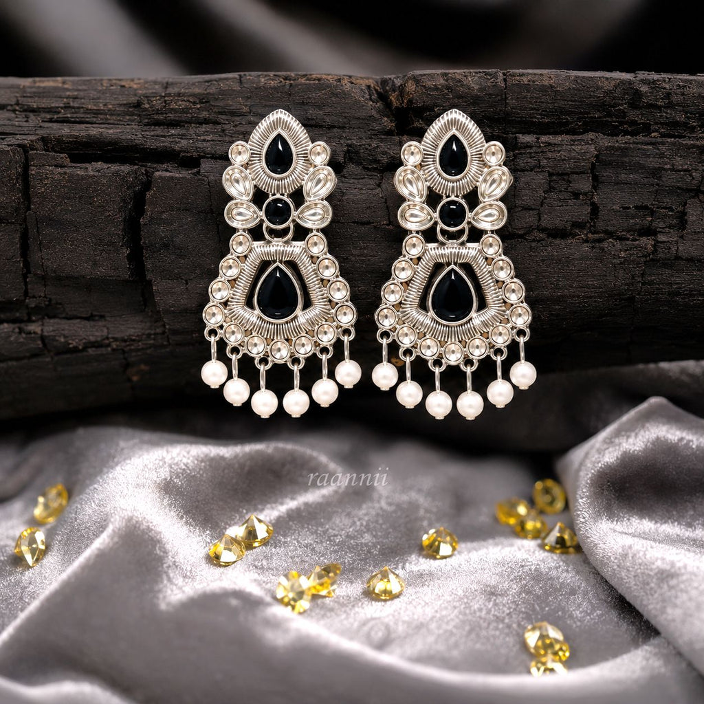 Raannii Earrings Black Stone Pearl Drop Oxidised Earrings for Women