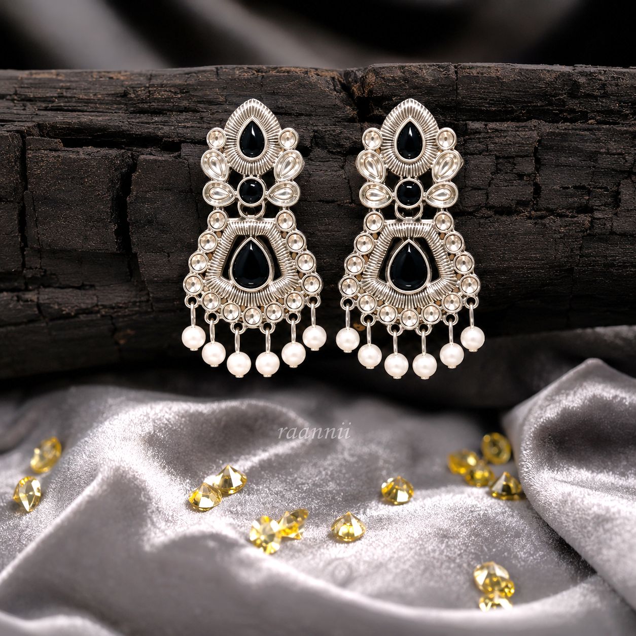 Raannii Earrings Black Stone Pearl Drop Oxidised Earrings for Women