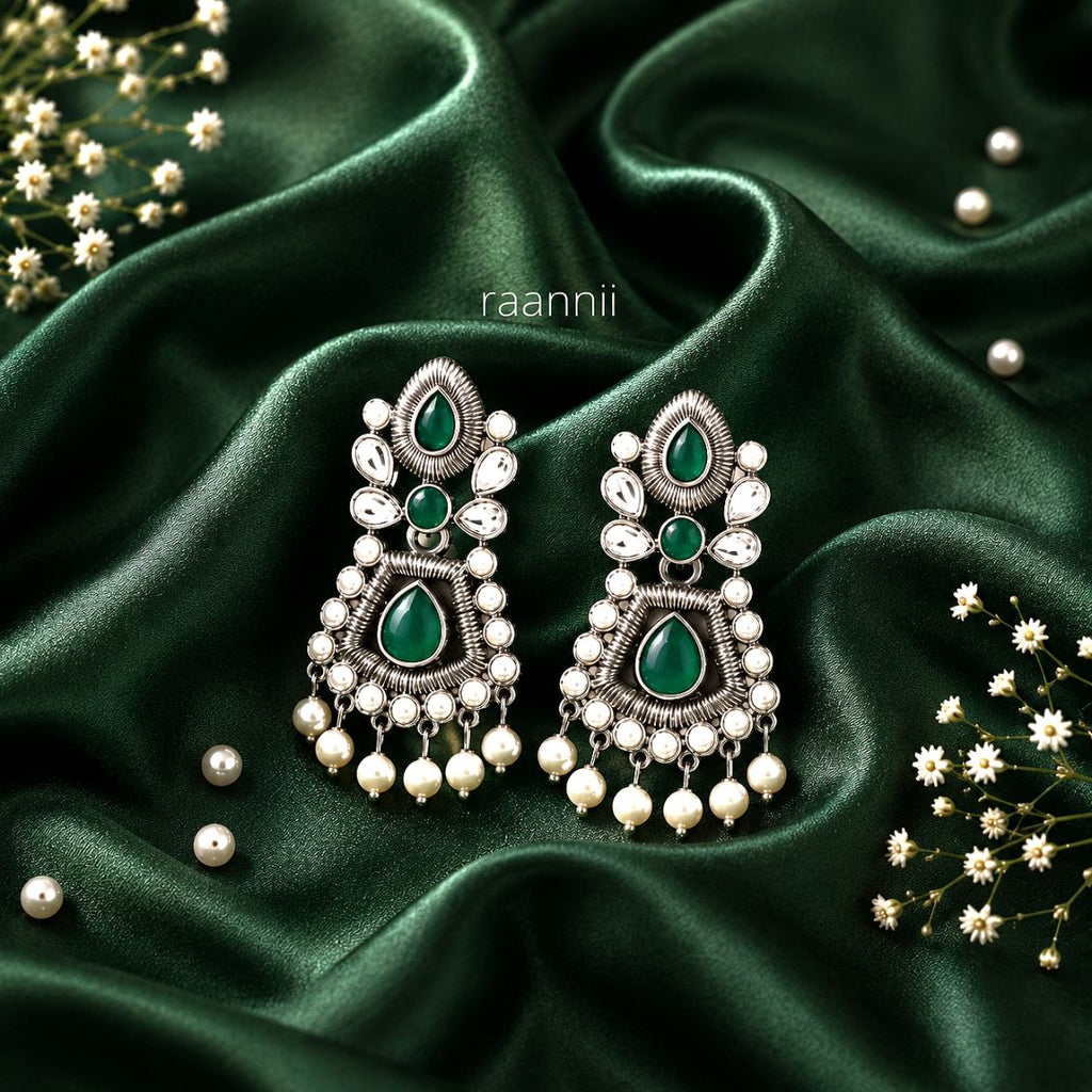 Raannii Earrings Green Stone Pearl Drop Oxidised Earrings for Women
