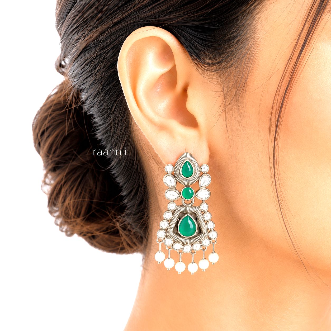 Raannii Earrings Green Stone Pearl Drop Oxidised Earrings for Women