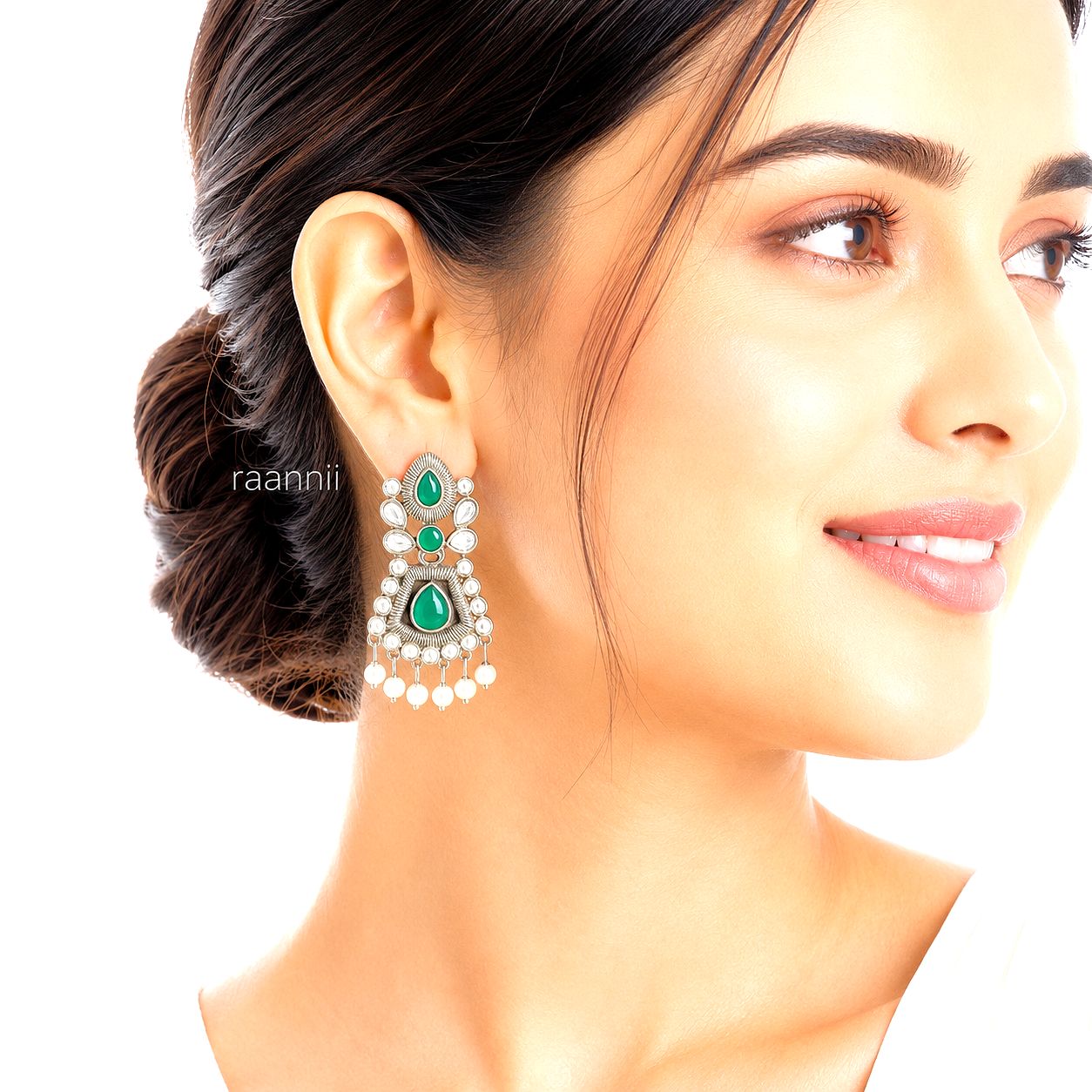 Raannii Earrings Green Stone Pearl Drop Oxidised Earrings for Women