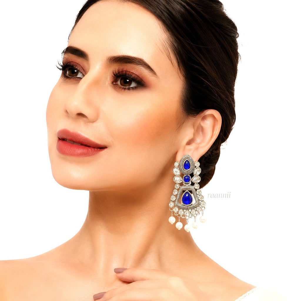 Raannii Earrings Blue Stone Pearl Drop Oxidised Earrings for Women