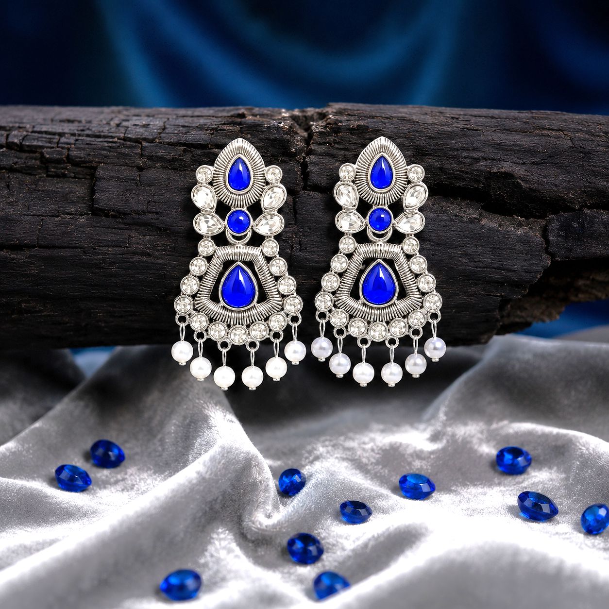 Raannii Earrings Blue Stone Pearl Drop Oxidised Earrings for Women