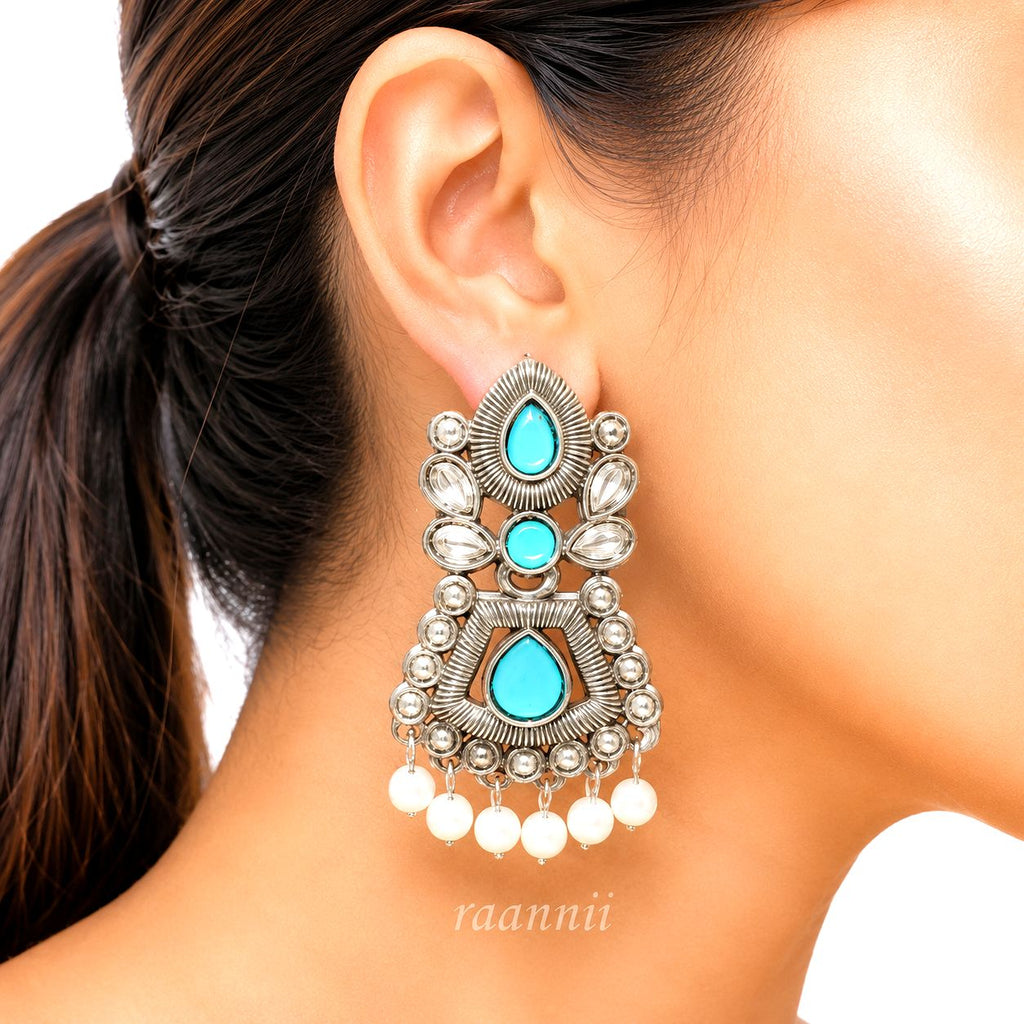 Raannii Earrings Sky Blue Stone Pearl Drop Oxidised Earrings for Women