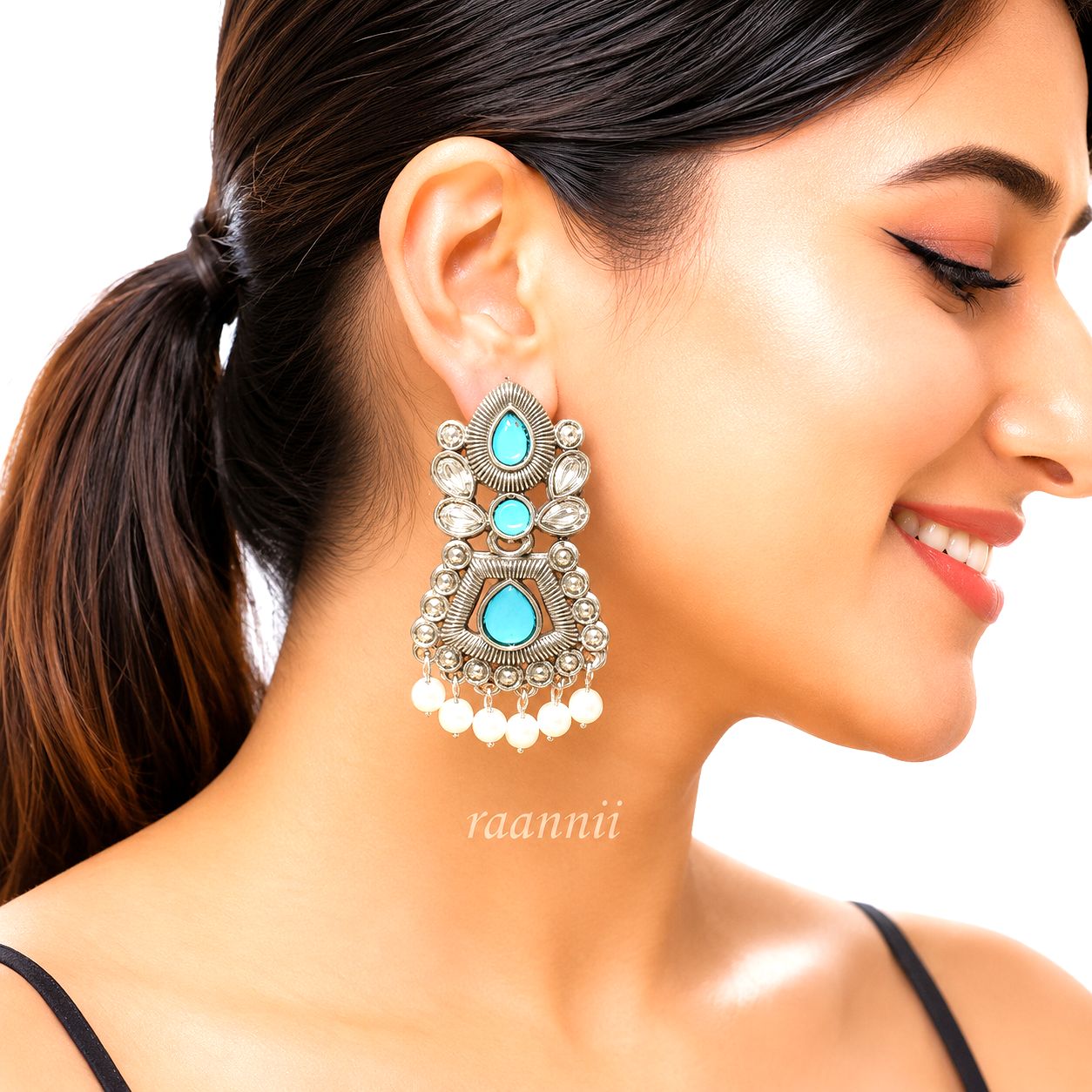 Raannii Earrings Sky Blue Stone Pearl Drop Oxidised Earrings for Women