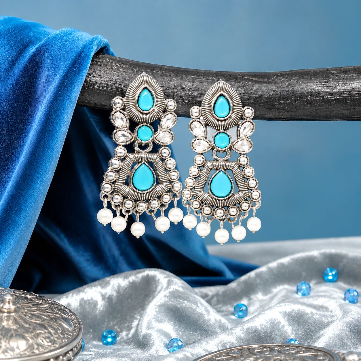 Raannii Earrings Sky Blue Stone Pearl Drop Oxidised Earrings for Women