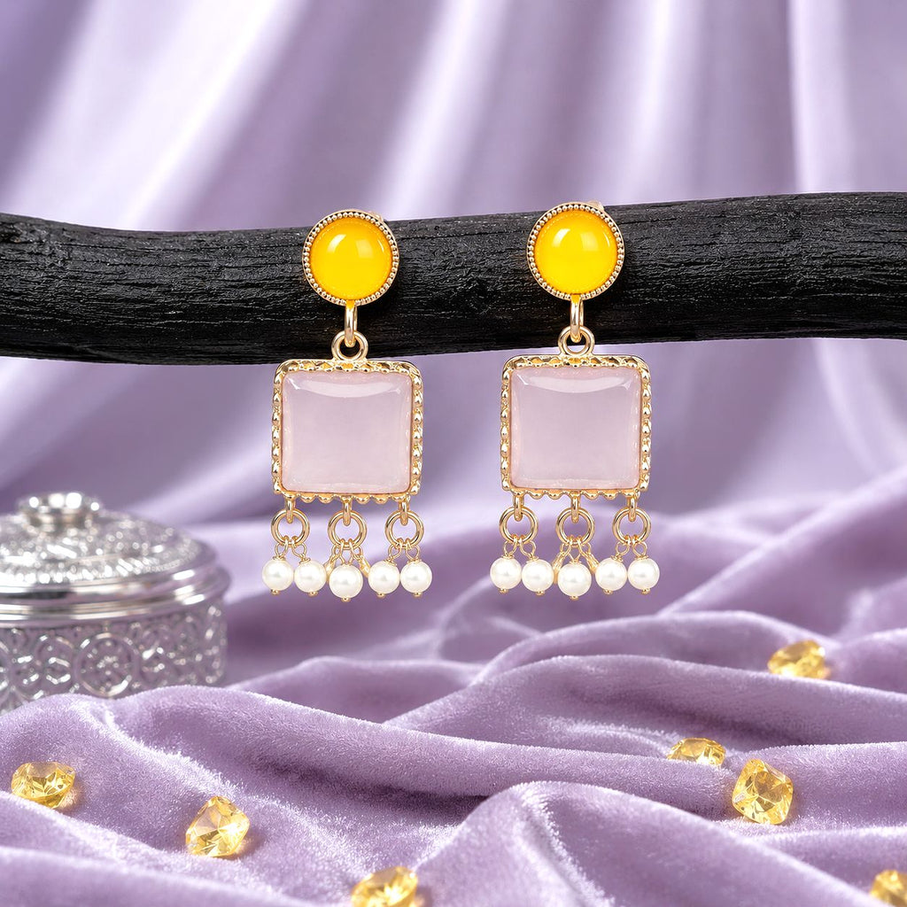 Raannii Earrings – Yellow & Pink Stone Elegant Dangler Earrings with Pearl Drops